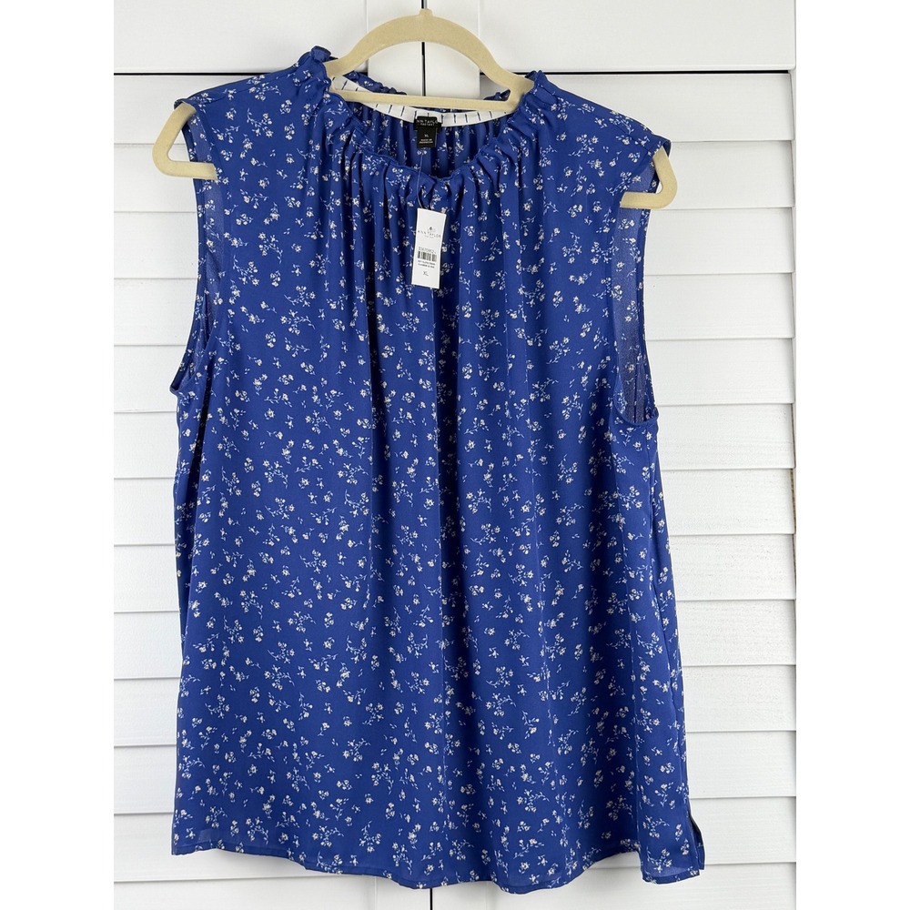 Ann Taylor Blouse XL Blue Floral Ruffle Neck Sleeveless NEW